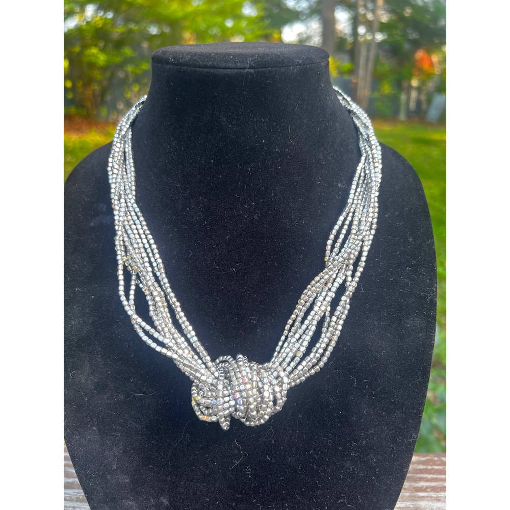 Vtg Silver Multi Strand Knotted Seed Bead Statement Necklace Adjustable 20-22"